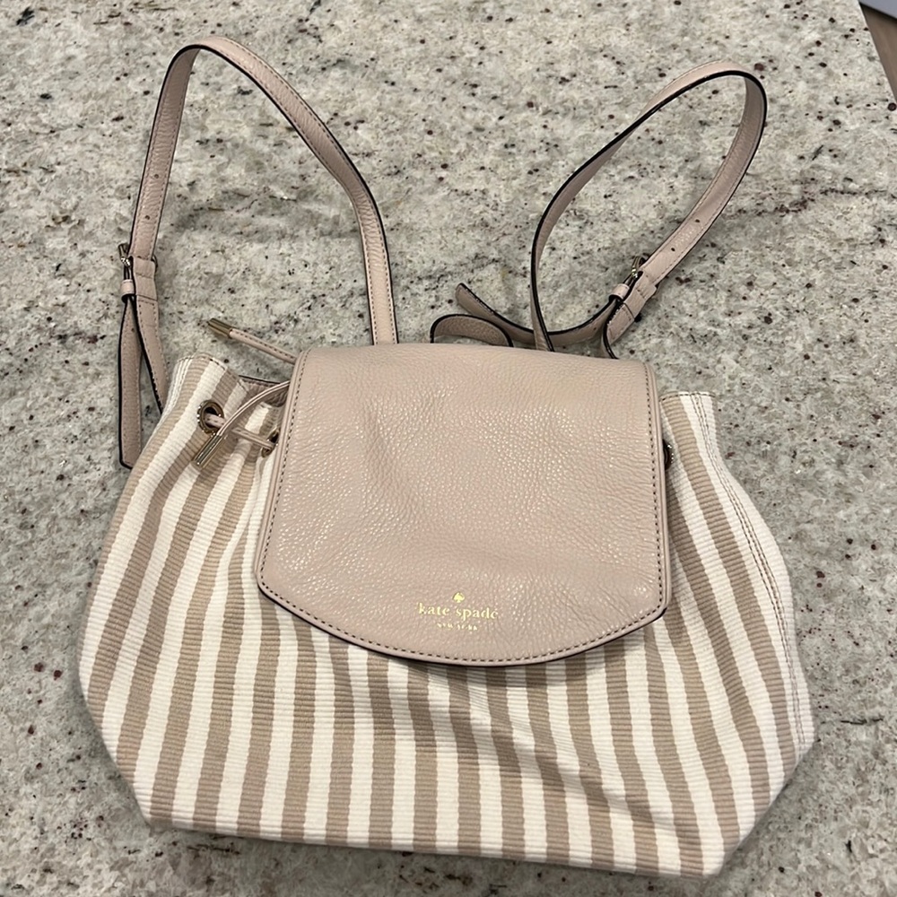 Kate Spade White and Beige Striped Back Pack with draw string close